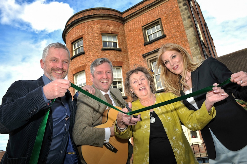 Artisan potter Ralph Jandrell, teacher and musician Pete Jandrell, supply teacher Mo Heath and Tara managing director Kirsty Timmins officially opening the new Tara Professional Recruitment offices, Claremont Bank, Shrewsbury.