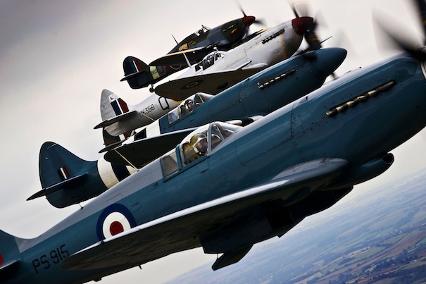 Spitfires and Hurricanes Flying in Formation Over Lincolnshire